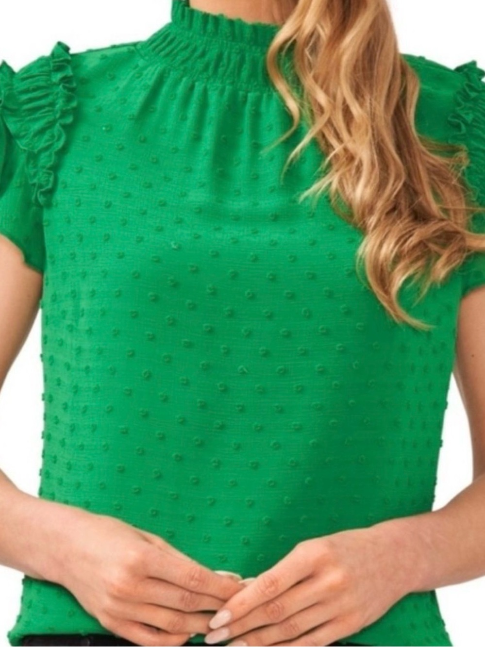 Cece Women's Ruffled Flutter Sleeve Mock Neck Blouse - Large (Green)